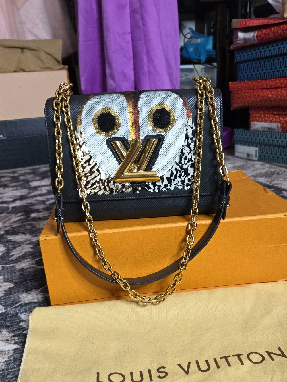Louis Vuitton LV Twist Epi Black Sequin Owl Twist Chain Crossbody Bag.